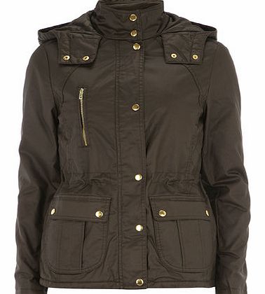 Womens Khaki Coated Hooded Jacket- Khaki