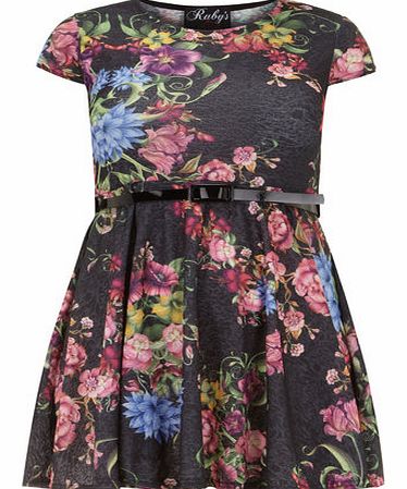 Womens Rubys Closet Black Floral Skater Dress-