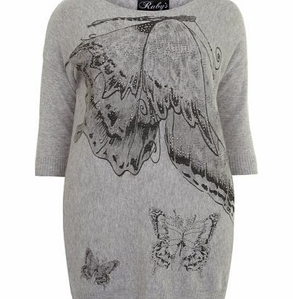 Womens Rubys Closet Grey Butterfly Print Jumper-