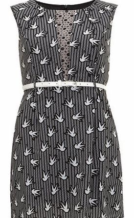 Womens Tenki Black Bird Print Dress- Black