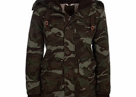 Olive green camo-print cotton parka