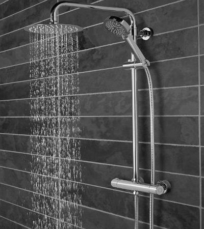 E-PLUMB Tavistock Quantum Round Thermostatic Exposed Shower Bar Valve Tap Mixer 8`` Over Head Super Slim Rain Shower Telescopic Rigid Riser Slider Rail Kit Hand Shower