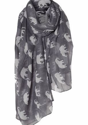 Elephant Print Soft Celebrity Scarf Animal Fashion Large Long Shawl Scarves Available in Blue, Grey and Orange (Grey)