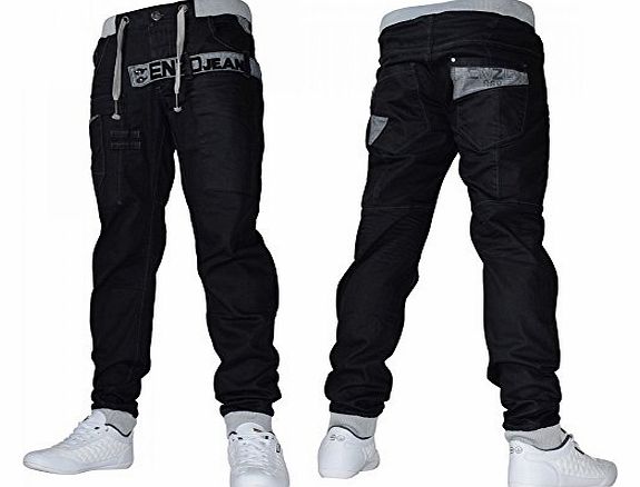 Mens Enzo EZ287 Black Designer Cuffed Jogger Jean Coated Denim Waist 32 Leg 32`` (32R) EZ287- Enzo Black Denim