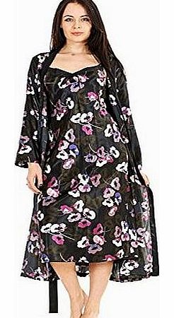 Ladies 2 Piece Satin Robe Chemise Black Floral Gown Long Nightdress Nightie