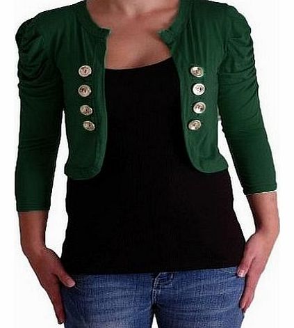 EyeCatchClothing - Celeste Military Style Open Front Cardi Bolero Bottle Green M/L