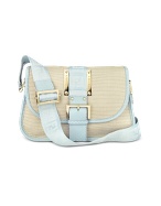 Canvas and Light Blue Leather Logo Messenger Tape Bag