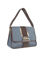 Denim and Brown Leather Logo Shoulder Tape Bag