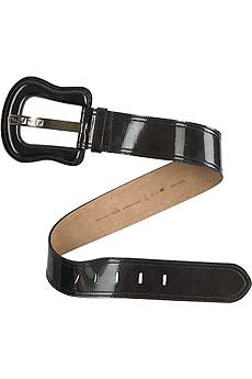 Bronze metallic patent leather B belt.