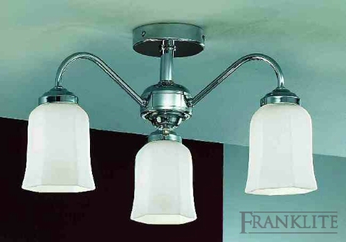 Chrome finish brass 3 light fitting with satin opal hexagonal glass.