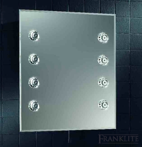 Illuminated bathroom mirror with inset crystal spheres.