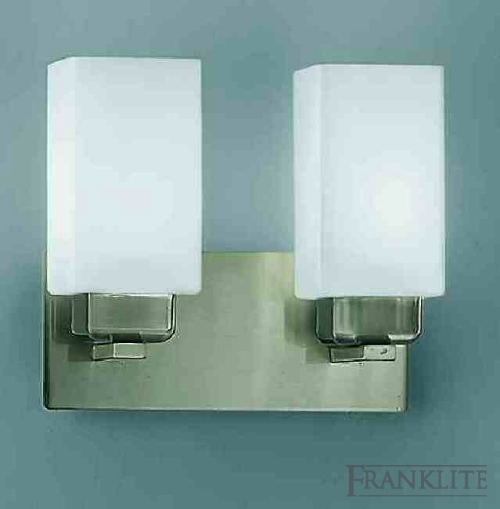 Satin nickel finish 2 light wall bracket with square matt opal glasses.