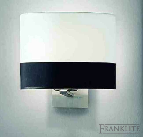 Satin nickel wall bracket with black and white half drum shade