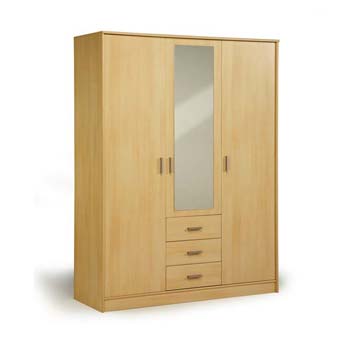 Initial Mirrored Triple Wardrobe in Light Beech