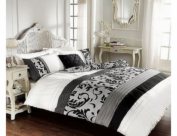 REVERSIBLE FLORAL PLEATED KING BED DUVET COVER QUILT BEDDING SET SCROLL BLACK