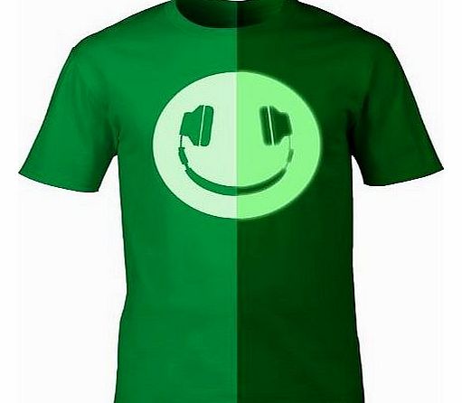 GLOW IN THE DARK HEADPHONE SMILEY (M - KELLY GREEN) NEW PREMIUM LOOSEFIT T SHIRT - slogan funny clothing joke novelty vintage retro top tshirt tees tee t-shirts shirts fashion urban cool geek luminous