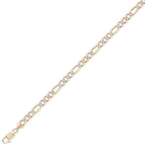 8 inch Rhodium Plated 3+1 Figaro Bracelet In 9 Carat Yellow Gold