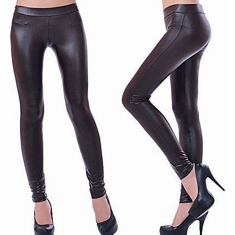 LE2 Ladies Womens Wet Look Low Waist Tight Leggings Jeggings Sexy Trousers Pants - Dark Coffee(S)