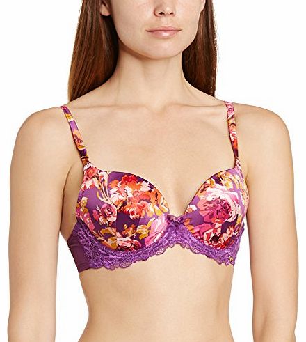 Womens Botanical Print Padded Plunge Floral Everyday Bra, Purple (Plum), 34DD