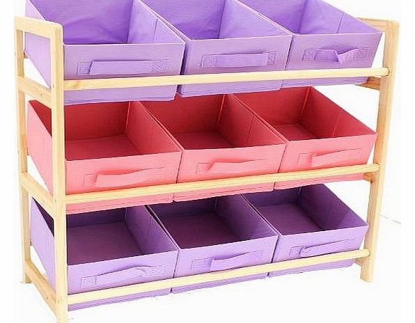 3 Tier Storage Unit with 9 Canvas Bins - Pink & Purple