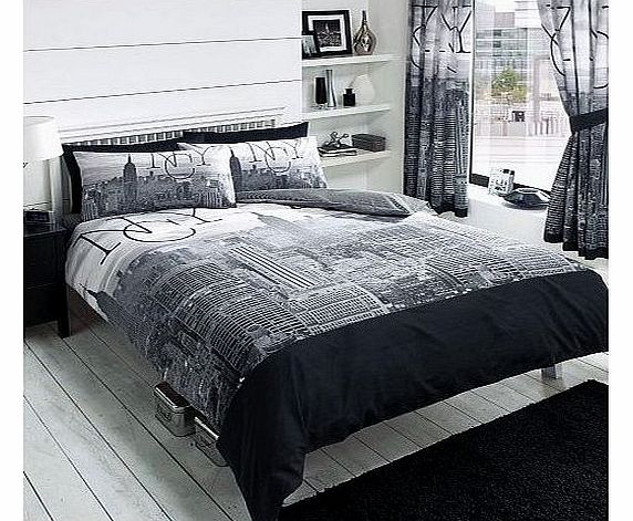 NEW YORK CITY SKYLINE - BLACK & GREY PRINTED DUVET COVER BED SET (double)