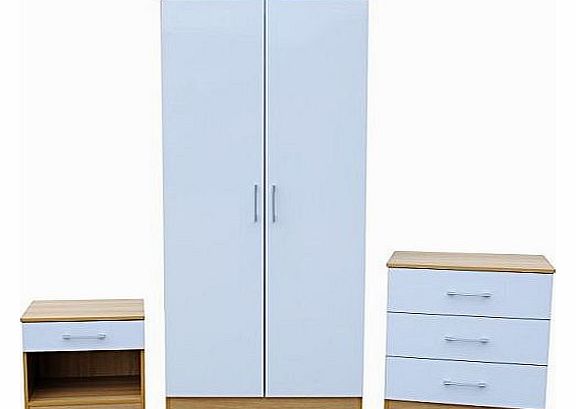 NEW High Gloss 3 Piece Trio Bedroom Set Wardrobe Bedside Chest - Gloss White & Oak