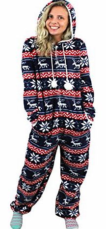 CHRISTMAS ONESIE LOUNGE WEAR XMAS COMFORT HOODED SLEEPSUIT COSY PLAYSUIT FESTIVE FLEECE PYJAMA MENS LADIES (BLUE)