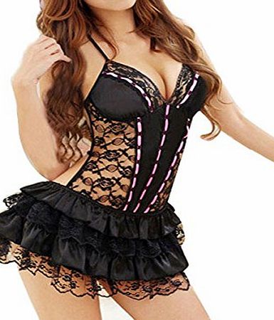 Sexy Lingerie Set - Black Lace Dress Sheer Babydoll Layered Dress G-strings Backless Sleepwear Underwear Nightwear Nightdress for Women