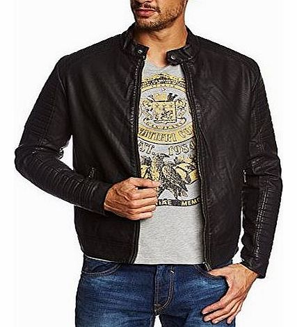 Jack and Jones Mens Tano Biker Leather Long Sleeve Jacket, Black, X-Large