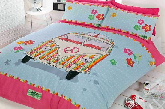 RETRO VINTAGE DUVET COVER - Duck Egg Blue & Pink Veedub Camper Van Bedding Set Duck Egg Blue, Pink Single Duvet Cover ( girls kids )