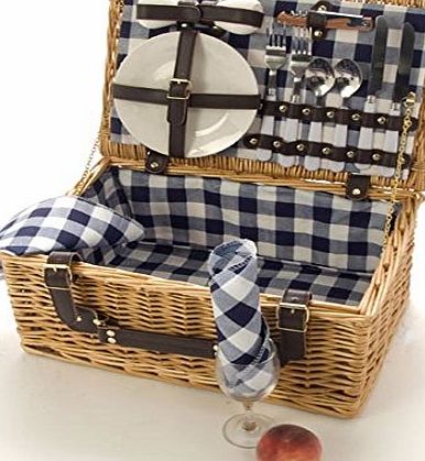 La Roca 2 Person Wicker Picnic Hamper Blue By La Roca, Wicker Picnic Basket, With Ceramic Plates, Glasses And Cutlery