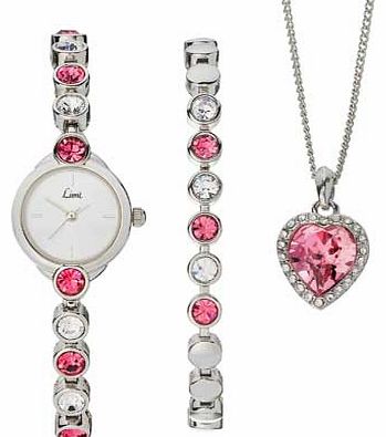 Ladies Pink Heart Triple Stone Set Watch