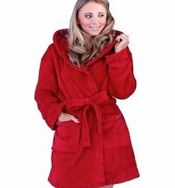 WOMENS LUXURY COREL SOFT SNUGGLE HOODED SHORT BATH ROBE DRESSING GOWN HOUSECOAT WITH BELT RASBERRY 14-16