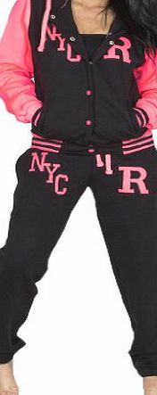 Womens Ladies Teens Neon NYC Baseball College Varsity Tracksuit Size XS S M L XL 8 10 12 14 16 - Black - S