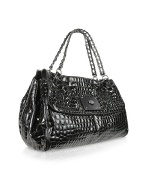 Hares Croco - Black Stamped Patent Leather Large Satchel Bag