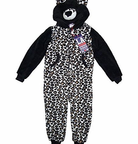 Girls Luxury Fleece Onesie Hoody The Rare LEOPARD BEAR All In One Zip Romper sizes from 2 to 13 Years