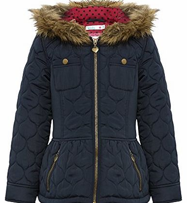 Girls Padded Peplum Faux Fur Trimmed Hooded Jacket Navy 7/8 Yr