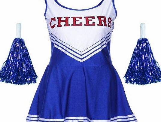 VARSITY COLLEGE SPORTS CHEERLEADER HIGH SCHOOL GIRL MUSICAL UNIFORM FANCY DRESS COSTUME OUTFIT W/ POM POMS uk 4 6 8 10 12 14 16 18 FREE POSTAGE BLUE