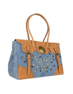 Embellished Denim and Calf Leather Large Satchel Bag