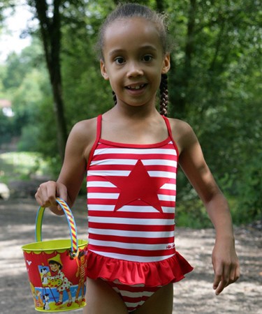 Red & White Striped Skirted Swimsuit