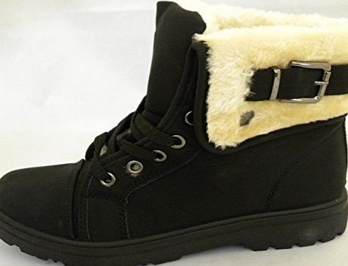 LADIES WOMENS FUR HIGH TOP ANKLE LACE UP GOOD GRIP FLAT DESERT BOOT SIZE 3 - 8 (UK 5/ EU 38, BLACK)