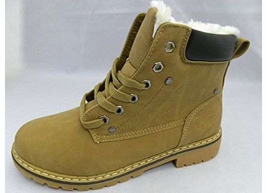 WOMENS LADIES HIGH TOP FUR LACE UP GOOD GRIP FLAT ANKLE DESERT BOOT SIZE 3 - 8 (UK 5/ EU 38, TAN)