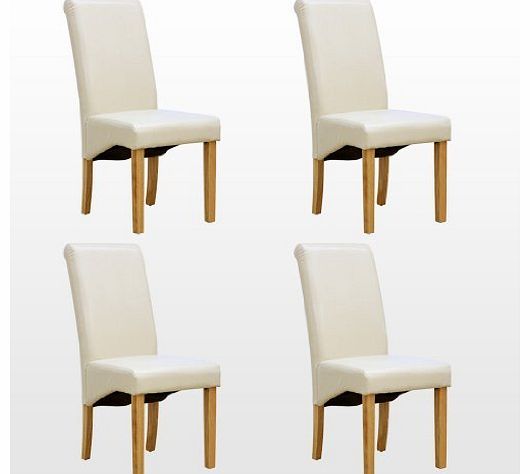 4 x CAMBRIDGE LEATHER CREAM DINING CHAIR w OAK FINISH WOOD LEGS ROLL TOP HIGH BACK