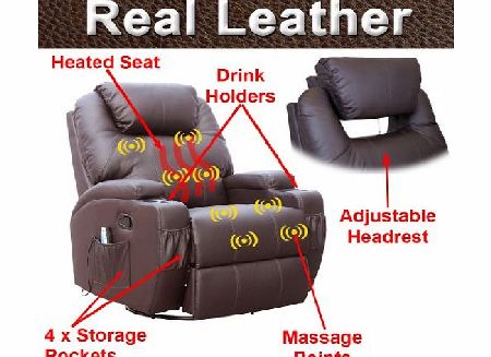 CINEMO 9 in 1 LEATHER RECLINER CHAIR ROCKING ADJUSTABLE HEADREST MASSAGE SWIVEL HEATED GAMING NURSING CINEMA (Brown)