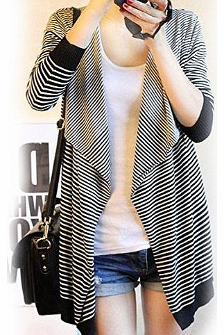 Fashion Spring Autumn Striped Pattern Long Sleeve Womens Long Loose Cardigan Coat Jacket - Free Size (Black)