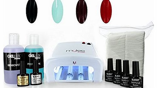 Nail Gel Polish Kit 4 Shellac Bluesky Colours Top Base Coat UV Lamp Starter Kit Gellux prep + wipe remover 40518/40521/50437/A47