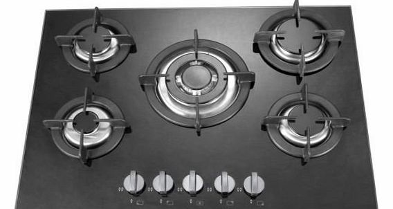 5 burner 70cm black glass built in gas hob with heavy duty burners