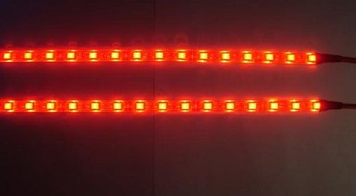 Twin 25 cm RED LED car interior footwell lighting kit, flexible and waterproof, complete with switch and fitting instructions