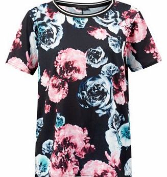 Black Ribbed Neck Rose Print T-Shirt 3227883