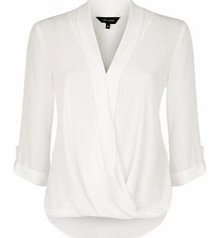 Cream Wrap Front Turn Up Sleeve Blouse 3305725